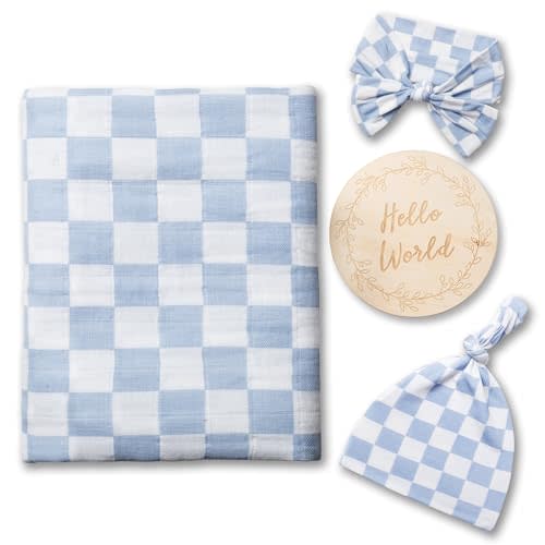 Miaoberry Checkered Muslin Swaddle Set, 100% Organic Cotton, Mist Blue,Checkerboard, Gender-Neutral, with Matching Bow, hat and Wooden Baby Arrival/Announcement Card