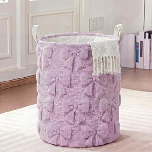 Blushtier Purple Bow Laundry Hamper Girls Room Decor Coquette Bow Plush Faux Fur Basket Kids Storage Basket Collapsible Organize Bins for Gifts Toys Blanket Clothes Nursery Bedroom (1 Pcs)