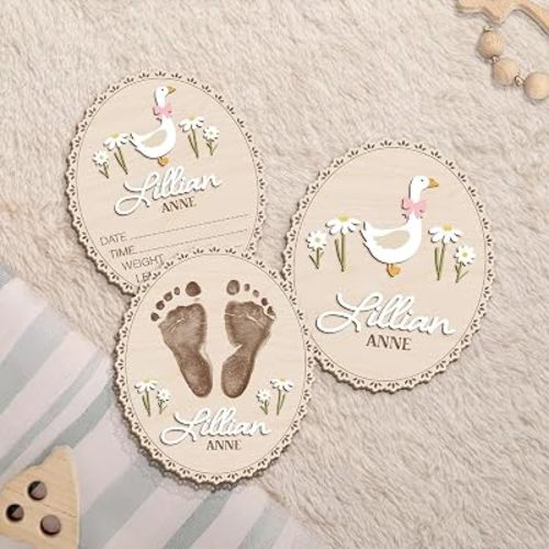 Personalized Goose Baby Birth Announcement Sign with Stats, Coquette Floral Wooden Name Plaque, Hospital Newborn Sign, Nursery Decor, Baby Shower Decor (BBW23)