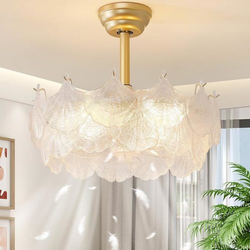 20'' Fandelier Ceiling Fans with Lights, Gold Caged Ceiling Fan with Remote Low Profile, 6 Speed and Gingko Leaf, Modern Semi Flush Mount Ceiling Fan for Bedroom, Living Room, Nursery
