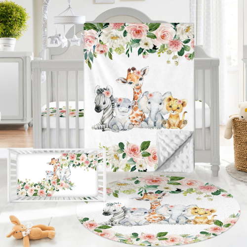 Gresahom Baby Crib Bedding Set - Animals Theme Nursery Bed 3 Pcs Set - Chic Soft Blanket with Double Layer Dotted Backing, Fitted Sheet, Room Rug for Newborns Boys Girls Shower Gift(30"x40")