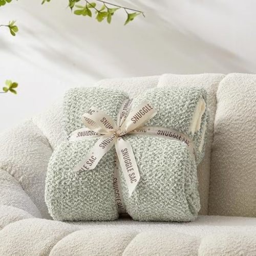 Snuggle Sac Heather Sage Green Throw Blanket for Couch, Reversible Super Soft Knitted Blankets Warm Cozy Fuzzy Throws for Sofa, Bed, Camping, Sage Green, 50x60 inches