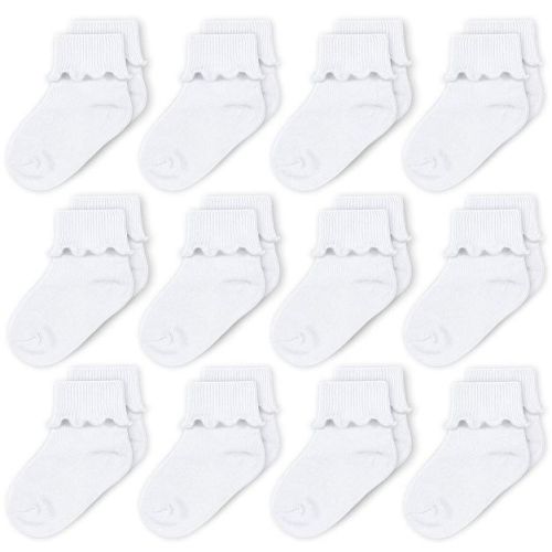 Cozyway Baby Girls Socks, Ruffle Ripple Edge Turn Cuff Ankle Socks Infants 0-9 Months - 12 Pack, White