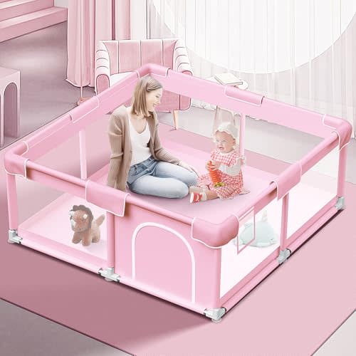 Pink Baby Playpen 50x50 Inches Playpen for Little Princess Play Yards Indoor & Outdoor Sturdy Safety Baby Girls Play Pen with Soft Breathable Mesh Toddlers Activity Center with Anti-Slip Base