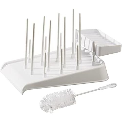 Mommy's Helper Drain N' Dry Bottle Drying Rack — Baby Bottle and Pump Part Drying Rack with Acessory Slot & Bottle Brush, 8 Bottle Capacity, White