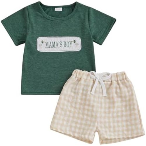 Toddler Baby Boy Summer Outfits Short Sleeve Embroidered T Shirt Tees + Striped/Plaid Shorts Infant Clothes Set