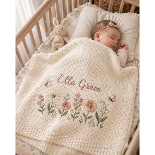 Personalized Floral Embroidered Baby Blanket, Custom Name Birth Flower Blanket, Newborn Girl Gift, Baby Shower Keepsake
