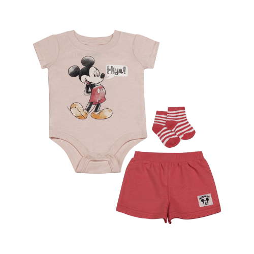 Disney Clothes Baby Boys 3-Piece Outfit Set – Mickey Mouse Bodysuit, Shorts & Socks – Soft Cotton Newborn Infant Gift Beige/Red 3/6M