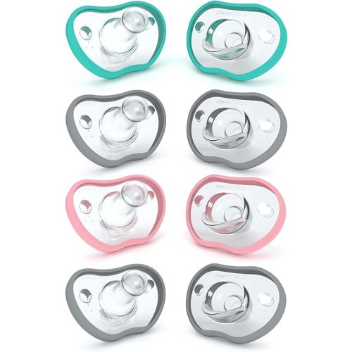 Nanobebe Baby Pacifiers 0-3 Month - Orthodontic, Curves Comfortably with Face Contour, Award Winning for Breastfeeding Babies, 100% Silicone, Baby Registry Gift 8pk, Teal/Grey/Pink/Grey