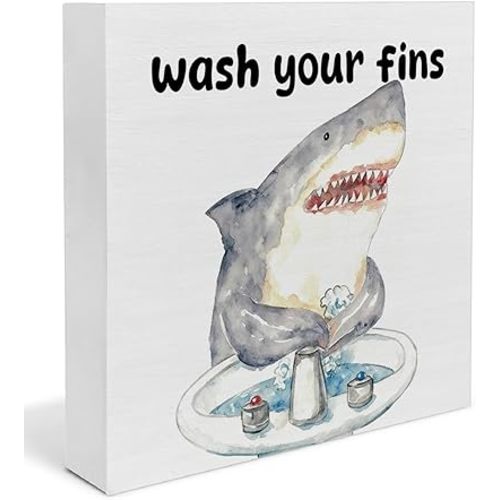 Funny Shark Bathroom Decor, Wash Your Fins Wooden Box Sign, Coastal Beach Toddler Bathroom Decor, Shark Gifts for Kids