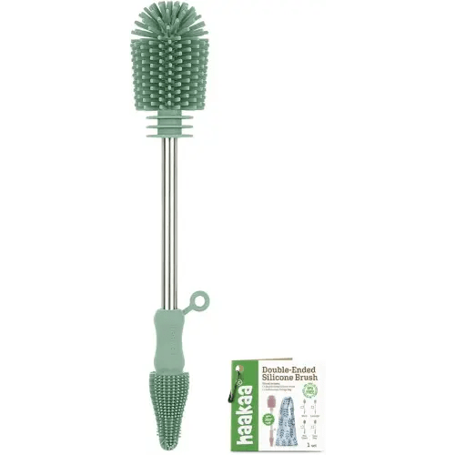 haakaa Cleaning Brush Silicone Bottle Brush Double-Ended Soft Silicone Bristles for Breast Pumps, Breast Milk Collectors, Baby Bottles, Teats, Breastmilk Storage Bags, Pea Green-1pk