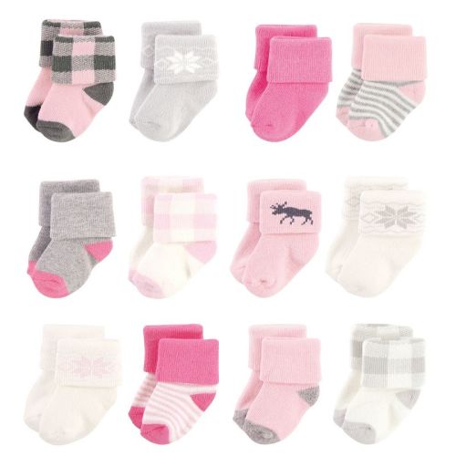 Hudson Baby Basics Infant Baby Cozy Terry Baby Sock 12-Pack, Forest Blossom, 0-6 Months