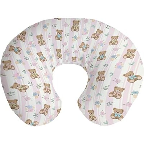 Cute Bear Boho Floral Nursing Pillow Covers Pastel Bear Pink Blue Bows Striped Stretchy Soft Nursing Covers for Breastfeeding Retro Animals Pillow Slipcover for Baby Girls Boys Newborn