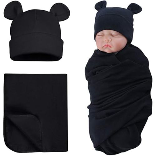PESAAT Cotton Baby Swaddle Hat Set Newborn Infant Hats Receiving Blankets for Baby Boys Girls