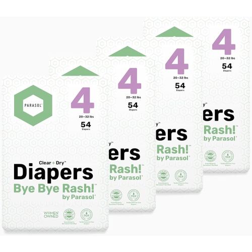 Parasol Clear+Dry Disposable Diapers, RashShield Protection and Leak-Control Fit, Hypoallergenic Diapers, Size 4 (20-32 lbs), 216 Count