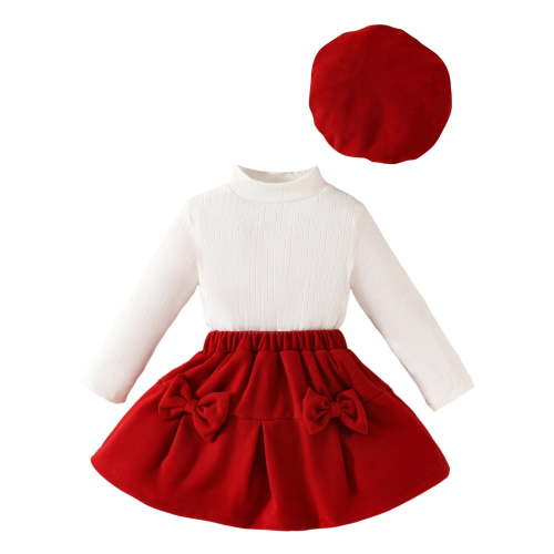 Povozer Toddler Girl Skirts Outfit Long Sleeve Tops Skirt Beret Baby Clothes(Red,9-12M)