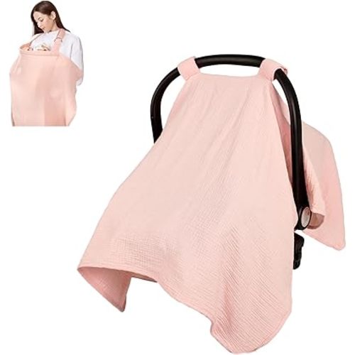 Summer Muslin Infant Car Seat Cover, Breathable Carseat Cover for Baby Girls, Multi-Purpose Breastfeeding Covers for Nursing, Pink