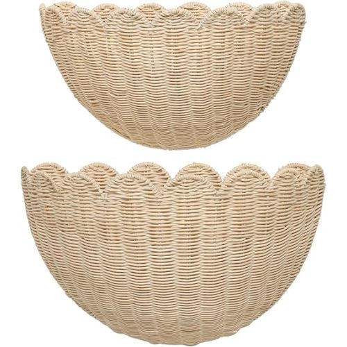 2 Pack Scalloped Wall Baskets Hanging Baskets Large and Small Decorative Woven Storage Holder for Home, Bathroom, Wall Hanging Baskets 16 x 10 x7 and 14 x 8 x 6 Inch (Natural Rattan)