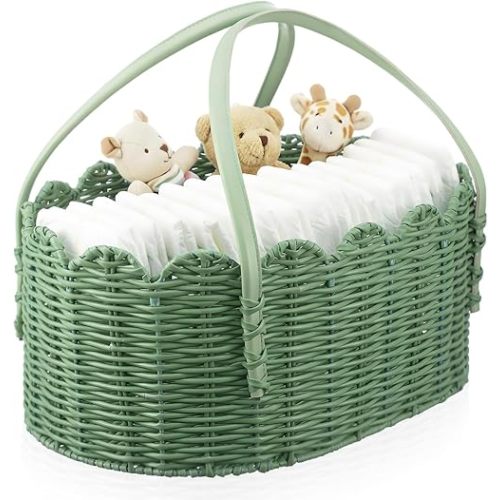 Rattan Baby Diaper Caddy Organizer with handle | Sage Green