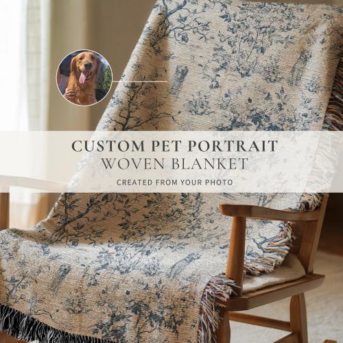 Custom Pet Portrait Woven Throw Blanket, Botanical Dog Toile Tapestry, Personalized from Photo, French Country Heirloom Gift