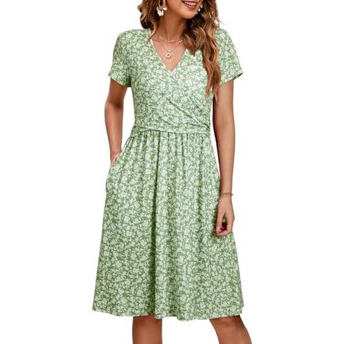 OUGES Maternity Nursing Dress Breastfeeding Short Sleeve V Neck Casual Pregnancy Clothes with Pockets