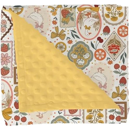 Vintage Geese Strawberry Flowers Baby Blankets for Girl Boy Preppy Duck Floral Bows Soft Mink Dotted Backing Double Layer Swaddle Blanket Toddler Pastel Farm Animal Nursery Bed Blanket Crib 30x40