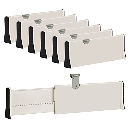 JONYJ Drawer Dividers Organizer 6 Pack, Adjustable Separators 4" High Expandable from 11-17" for Bedroom, Bathroom, Closet, Clothing, Office, Strong Secure Hold, Foam Ends, Locks in Place