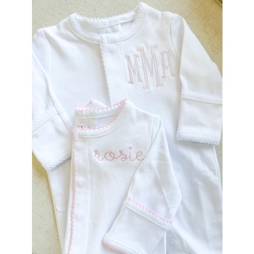 Personalized Embroidered Picot Trim Footie | Heirloom Gift | Baby Shower Gift | Monogrammed Baby | Custom Keepsake | Baby Essentials