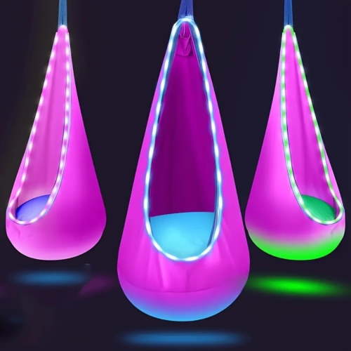 TOPRenddon Light Up Kids Pod Swing Seat, Upgraded Kids Hanging Hammock Swing with LED Lights, Cotton Sensory Pod Swing Chair with Inflatable Pillow, Pod Swing for Kids Indoor & Outdoor (1 PCS)