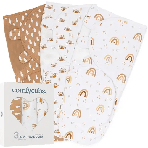 Comfy Cubs Easy Swaddle Blanket, 3 Pack - 100% Cotton Newborn Wrap, Small for 0-3 Months Infants, with Adjustable Velcro, Breathable and Durable Sleep Sack for Babies - Rainbow Bohemian