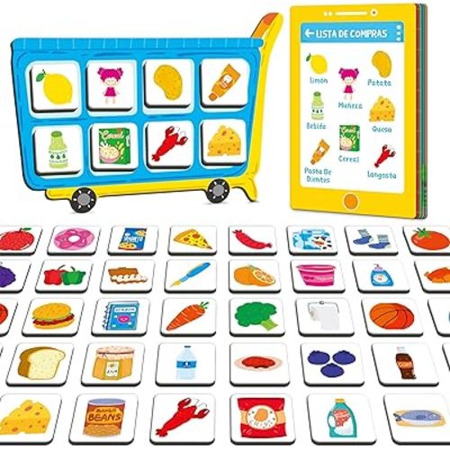 Magnetic Shopping List Game, Funny Spanish Groceries Matching Memory Game, Race to Collect Your Items Educational Toy for Boys & Girls at Home