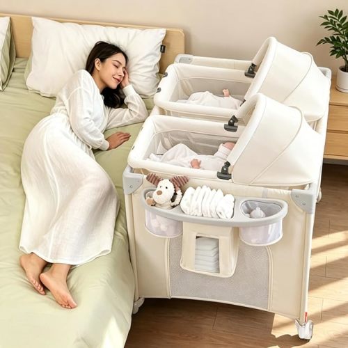 Twin Bassinet for Baby, 3-in-1 Bedside Bassinet for 2 Babies Convertible to Bedside Sleeper and Playpen, Includes 2 Removable Rocking Portable Baby Bassinets and Storage Bags, White