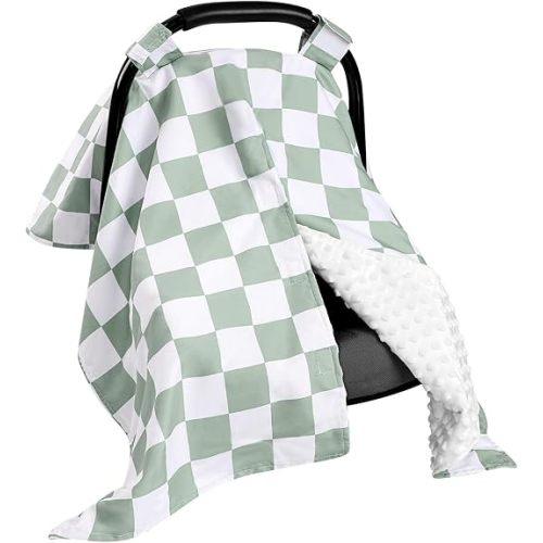 Baby Car Seat Cover, Minky Warm Winter Car Seat Covers for Babies, Peekaboo Opening Infant Car Seat Cover, Nursing Cover Carseat Canopy, Green Checkered