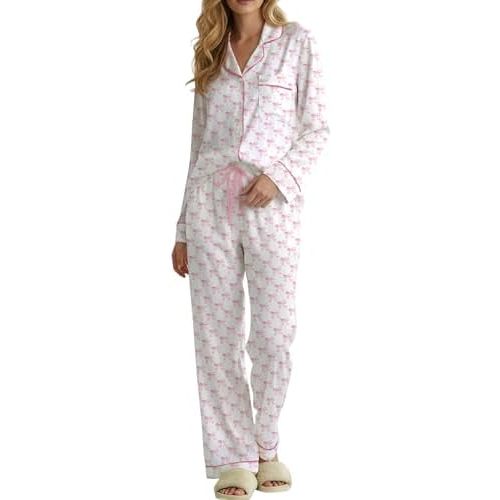 Womens 2 Piece Cute Pajama Sets Bow Button Long Sleeve Pjs Wide Leg Pants with Pocket Casual Loungewear