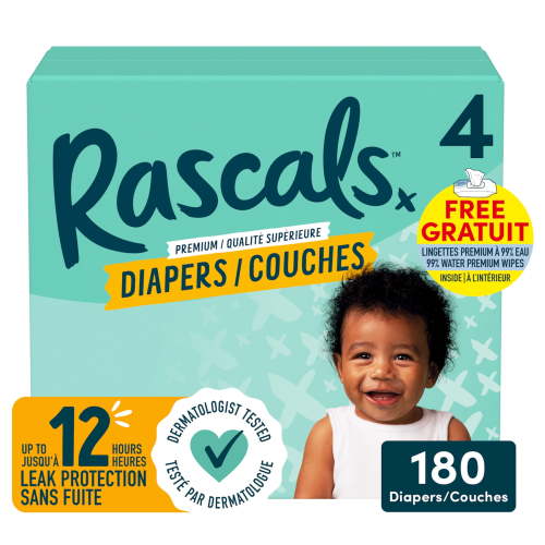 Rascals Premium Absorbent Baby Diapers Size 4, Mega Carton, 180 Count includes 5 99% Water Premium Wipes - Walmart.ca