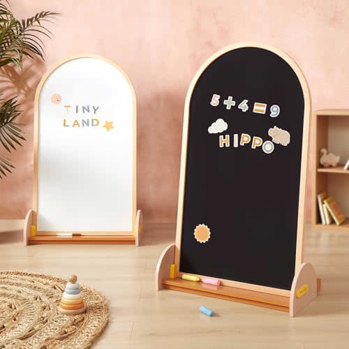 Tiny Land Kids Easel – Large 22"x40.5" Writing Area Double-Sided Magnetic Chalkboard & Whiteboard, Wooden Arch Drawing Board with Stand, Toddler Art Easel with Letters & Animal Magnets
