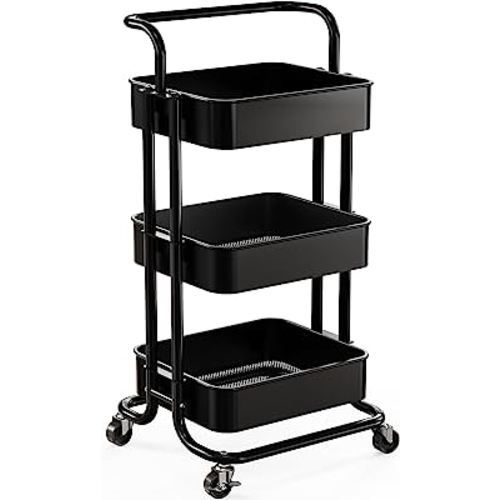 Pipishell 3 Tier Mesh Utility Cart, Rolling Metal Organization Cart with Handle and Lockable Wheels, Multifunctional Storage Shelves for Kitchen Living Room Office Black