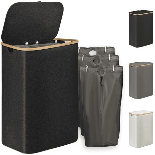 160L Large Laundry Baskets with Lid & 3 Sortable Bags Collapsible,Laundry Hamper Washing Baskets with Bamboo Handles, Dirty Clothes Basket Bin,Waterproof,Odorproof,Black - Walmart.ca
