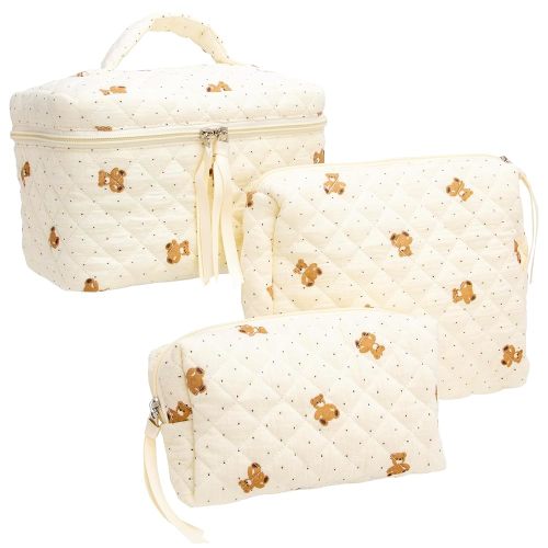 PAZIMIIK 3PCS Makeup Bag SET Large Travel Quilted Zipper Soft Cosmetic Case Pouch for Women Girls Make Up,Gauze Bear