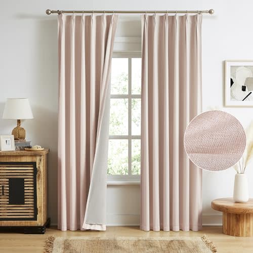 MAIHER Full Blackout 90 Inch Linen Pinch Pleat Pink Curtains 2 Panels | Back Tab Pleated Drapes With Hooks For Bedroom Living Room, Noise Reducing, Thermal Insulated, Privacy, W40 x L90