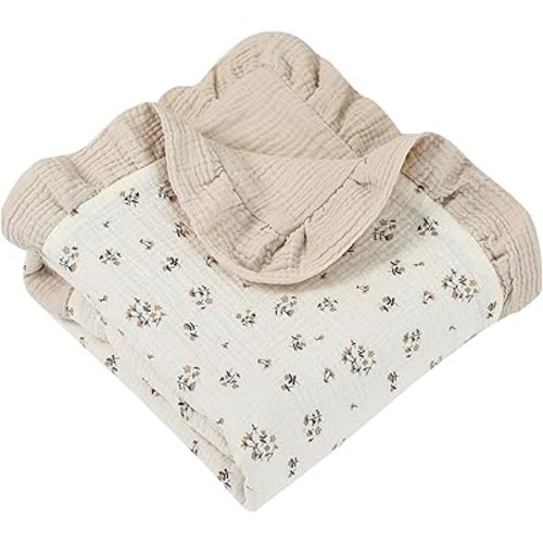 Muslin Toddler Blanket - 100% Cotton Super Soft Crib Blanket for Baby, Infant, Toddler & Baby Girl,Lightweight Nursing Cover & Breathable Stroller Blanket,Floral Design (Beige)