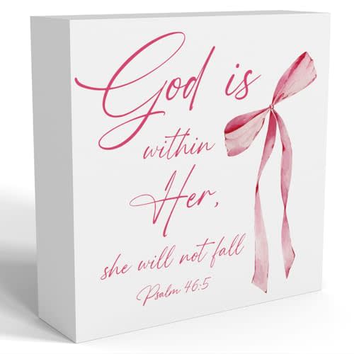 Pink Christian Bible Verse Decor, Pink Coquette Bow Room Decor, Christian Gifts for Women, Wooden Box Decor for Home Bedroom Girls Dorm Room Apartment-God is Within Her, She Will Not Fall Psalm 46:5