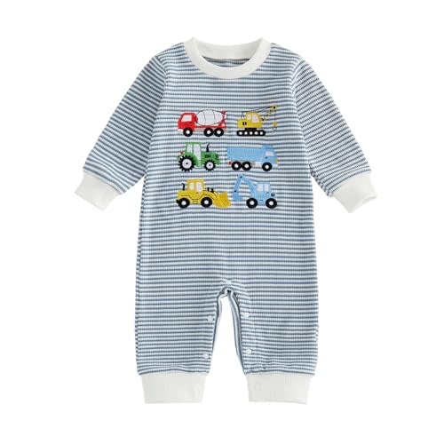FOCUSNORM Baby Boy Fall Clothes Newborn Winter Outfit Truck Jumpsuit Romper | Truck Embroidered Jumpsuit Waffle Striped Long Sleeve Crew Neck Romper Onesie