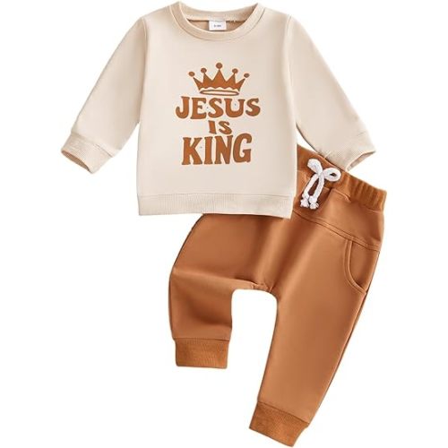 Baby Boy Christian Outfit Jesus loves Me Long Sleeve Sweatshirt Jogger Pants Set Cute Infant Church Baptism Clothes