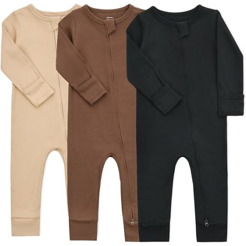 Aablexema Baby Cotton Footless Pajamas with Mitten, 3-pack Infant Romper Zip Up One Piece Jumpsuits Outfit