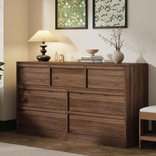 7-Drawer Dresser, 54" Wide Chest of Drawers, Engineered Wood Storage Cabinet with Deep Drawers, Thick Water-Resistant Top, Anti-Tip Hardware, for Bedroom Living Room Hallway Entryway,Walnut