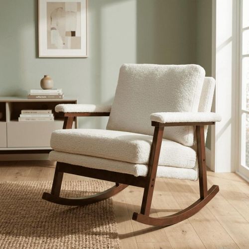 Mid Century Modern Rocking Chair, Soft Accent Chair with Wood Frame, Reading Armchair for Living Room Bedroom Sunroom, Nursery, Antique White