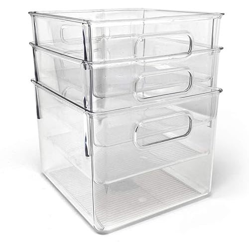 Isaac Jacobs 3-Pack Medium Clear Storage Bins with Handles, Plastic Organizer for Home or Fridge/Freezer, Pantry and Kitchen Non-Slip Container Set, BPA Free, Food Safe (3-Pack, Medium)