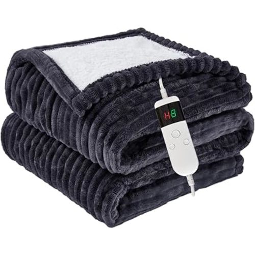 Heated Blanket Electric Throw, Soft Flannel Heating Blanket with 8 Hours Auto Off 10 Fast Heating Levels Machine Washable Sherpa Heated Blanket with Overheating Protection