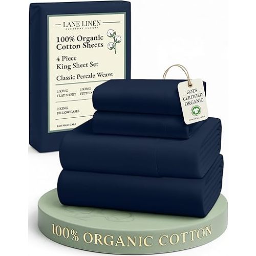 LANE LINEN 100% Organic Cotton Fully Elasticized King Sheet Set, Low Pilling Fade Resistant Machine Washable Naturally Cooling King Bedding Set, Soft & Comfy Cotton Sheets - Navy